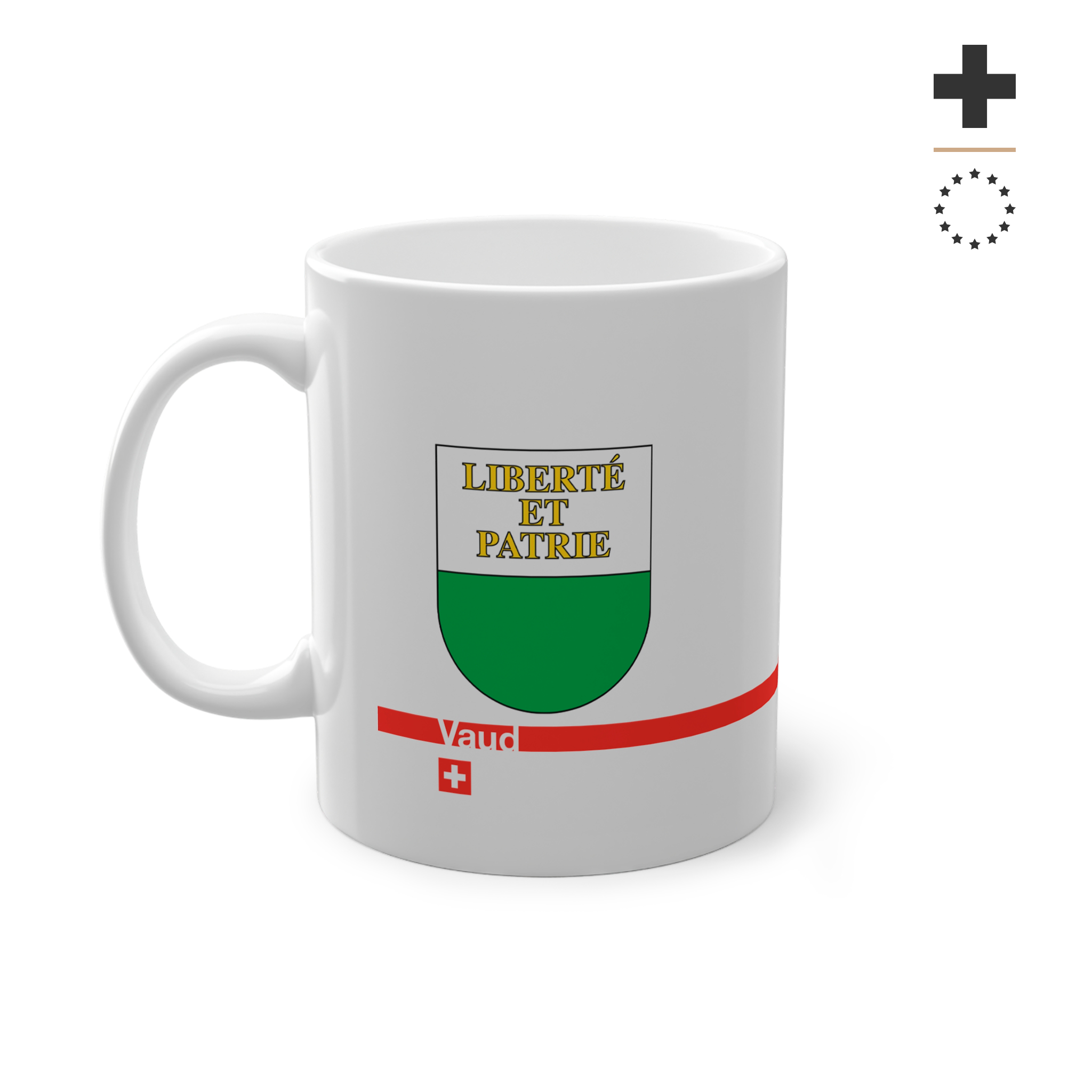 White ceramic mug featuring the white and green Canton of Vaud coat of arms with golden 'Liberté et Patrie' text, a modern red horizontal line with 'Vaud' text, and a small Swiss cross below.