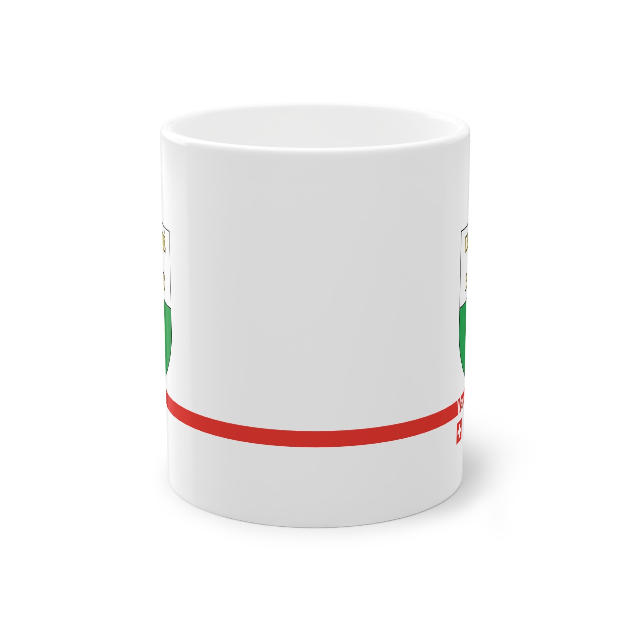 White ceramic mug featuring the white and green Canton of Vaud coat of arms with golden 'Liberté et Patrie' text, a modern red horizontal line with 'Vaud' text, and a small Swiss cross below.