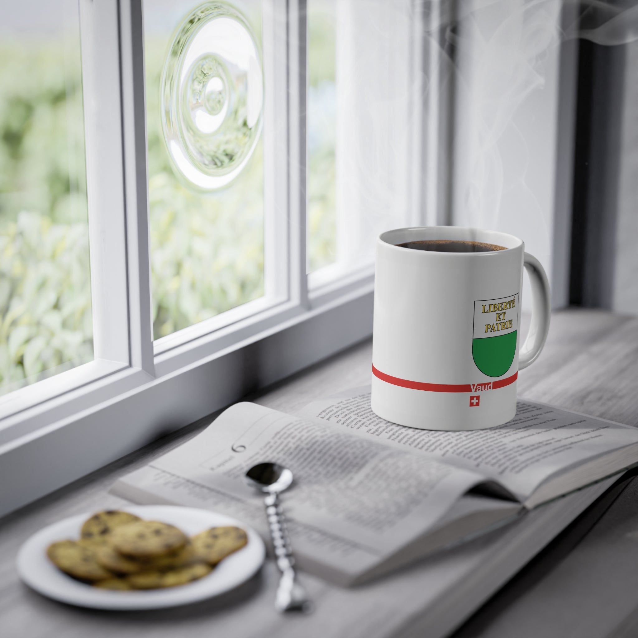 White ceramic mug featuring the white and green Canton of Vaud coat of arms with golden 'Liberté et Patrie' text, a modern red horizontal line with 'Vaud' text, and a small Swiss cross below.
