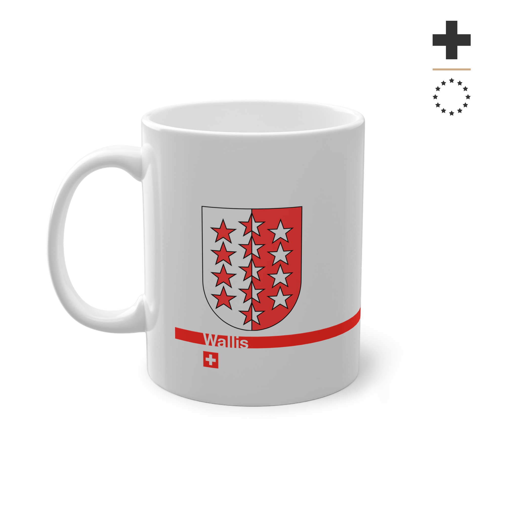 White ceramic mug featuring the red and white Canton of Wallis (Valais) coat of arms with 13 stars, a modern red horizontal line with 'Wallis' text, and a small Swiss cross below.