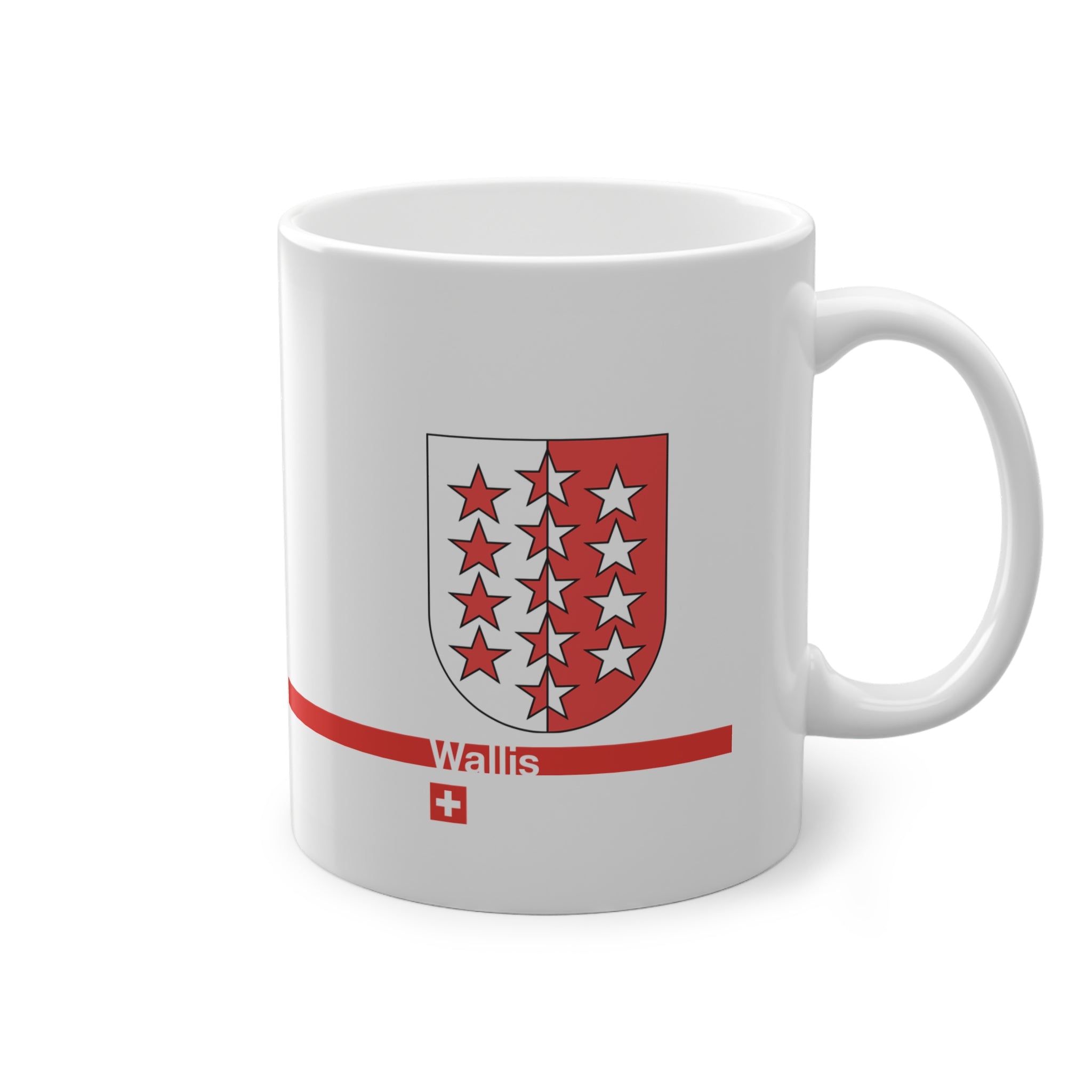White ceramic mug featuring the red and white Canton of Wallis (Valais) coat of arms with 13 stars, a modern red horizontal line with 'Wallis' text, and a small Swiss cross below.