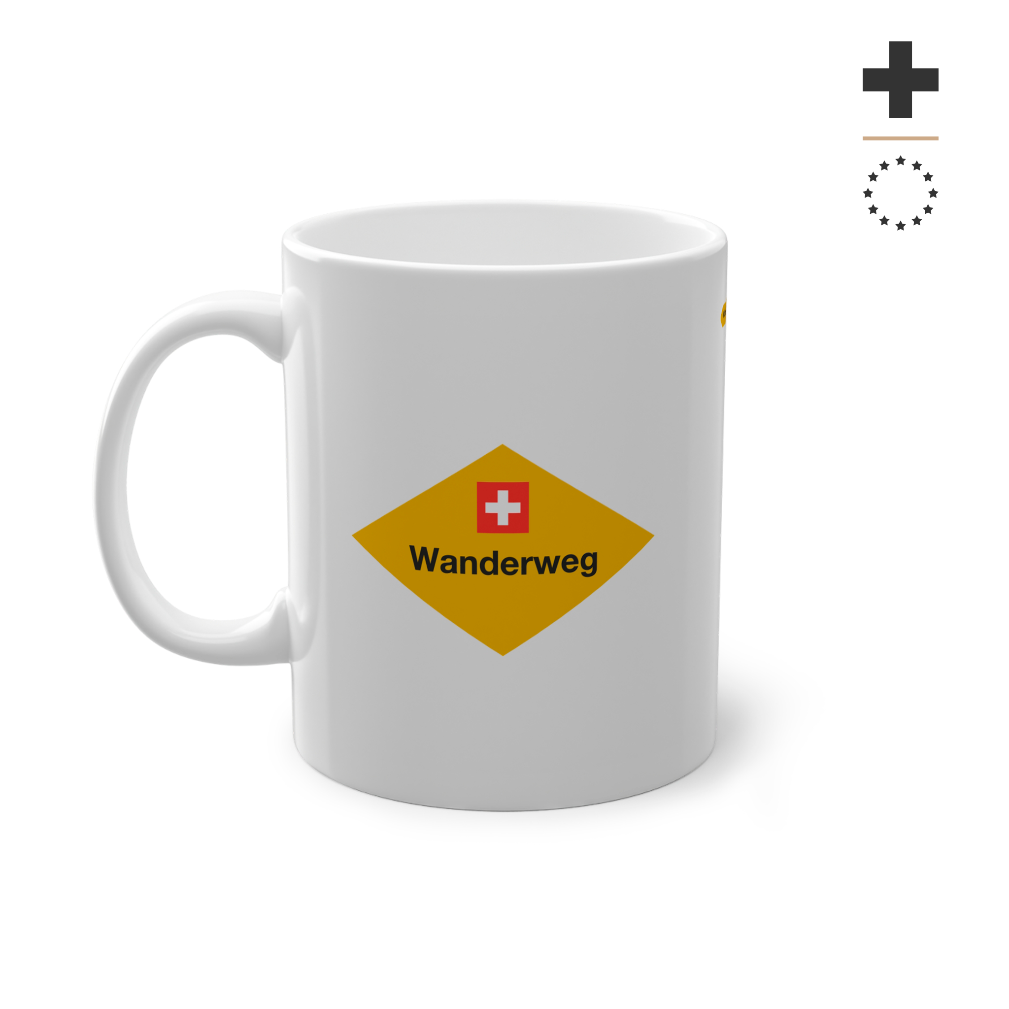 Yellow Swiss hiking trail sign coffee mug on a wooden table