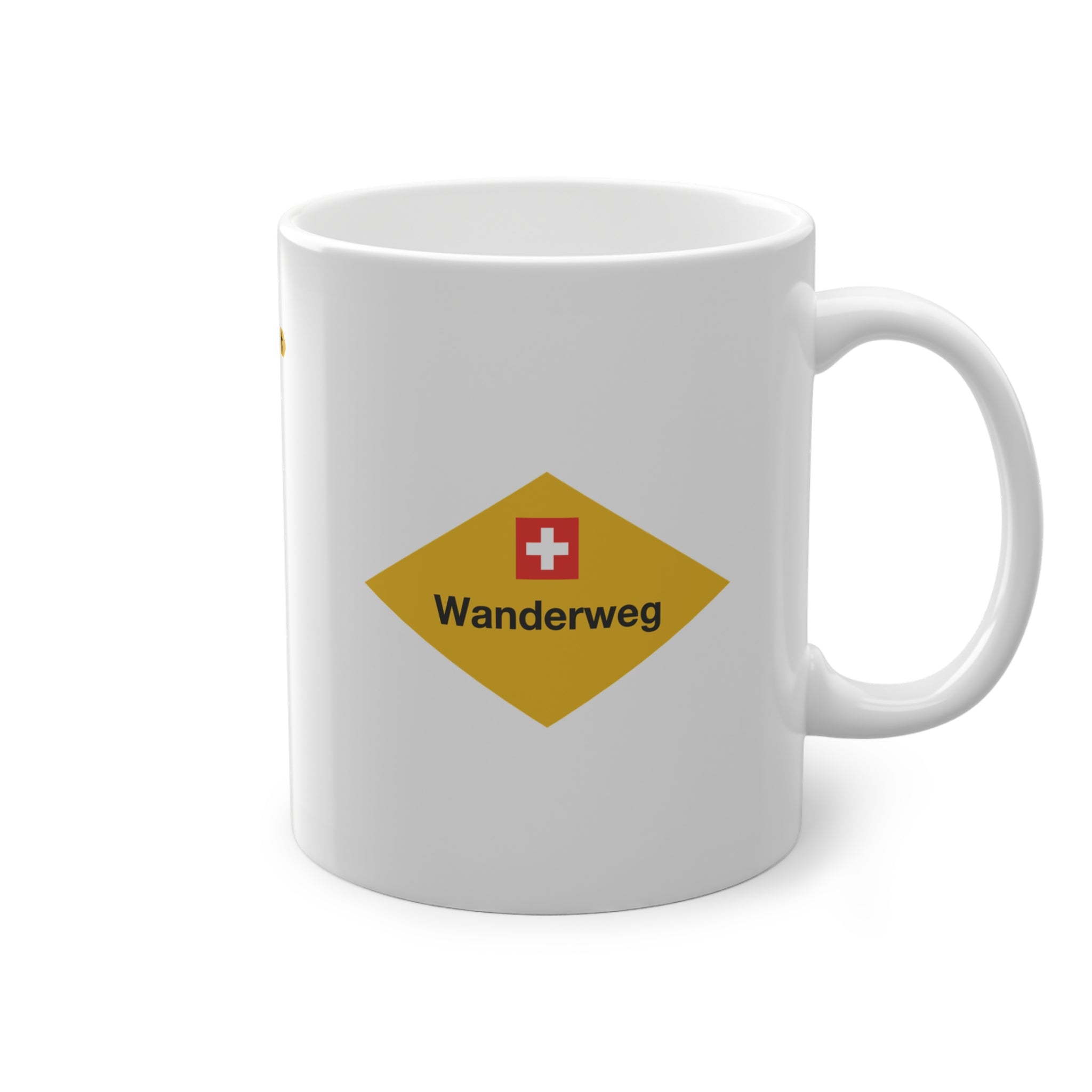 Yellow Swiss hiking trail sign coffee mug on a wooden table