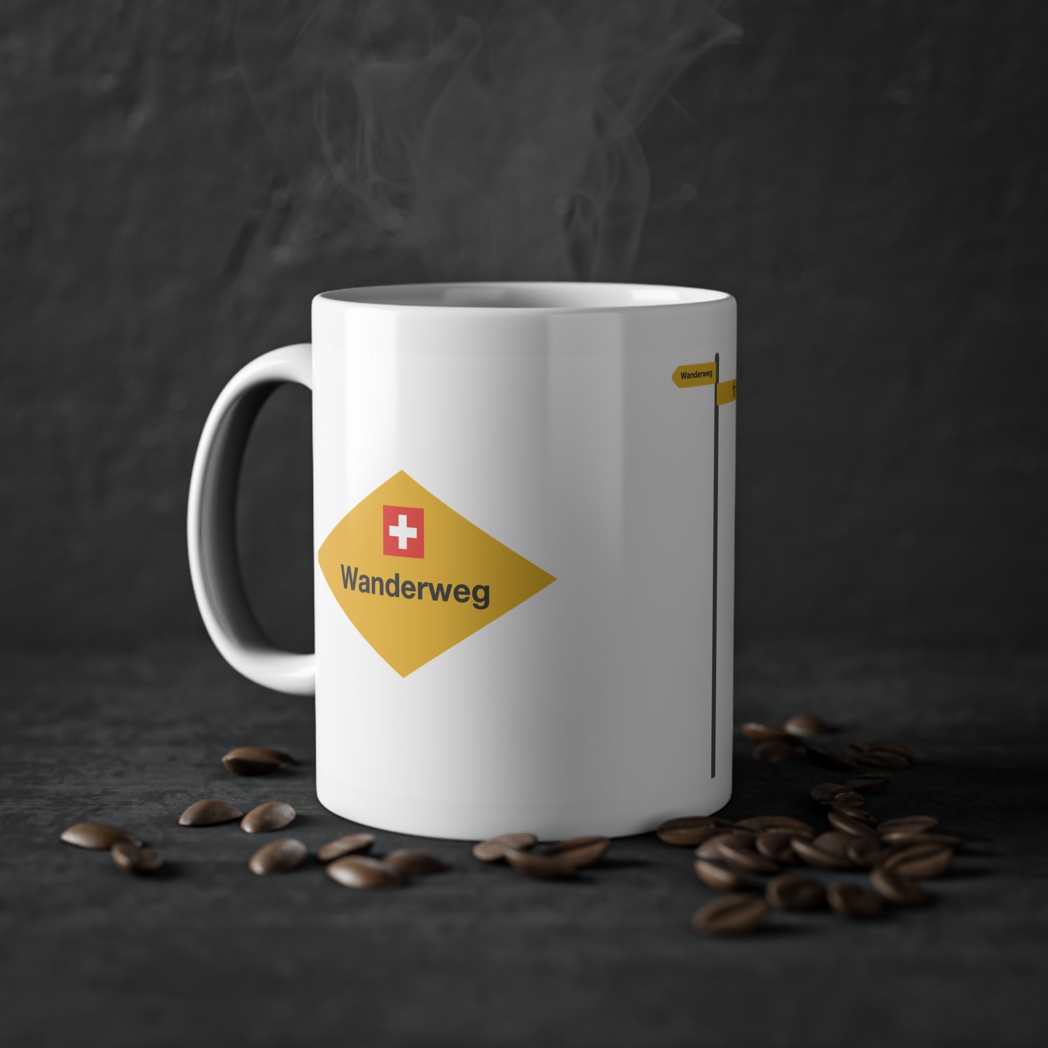 Yellow Swiss hiking trail sign coffee mug on a wooden table