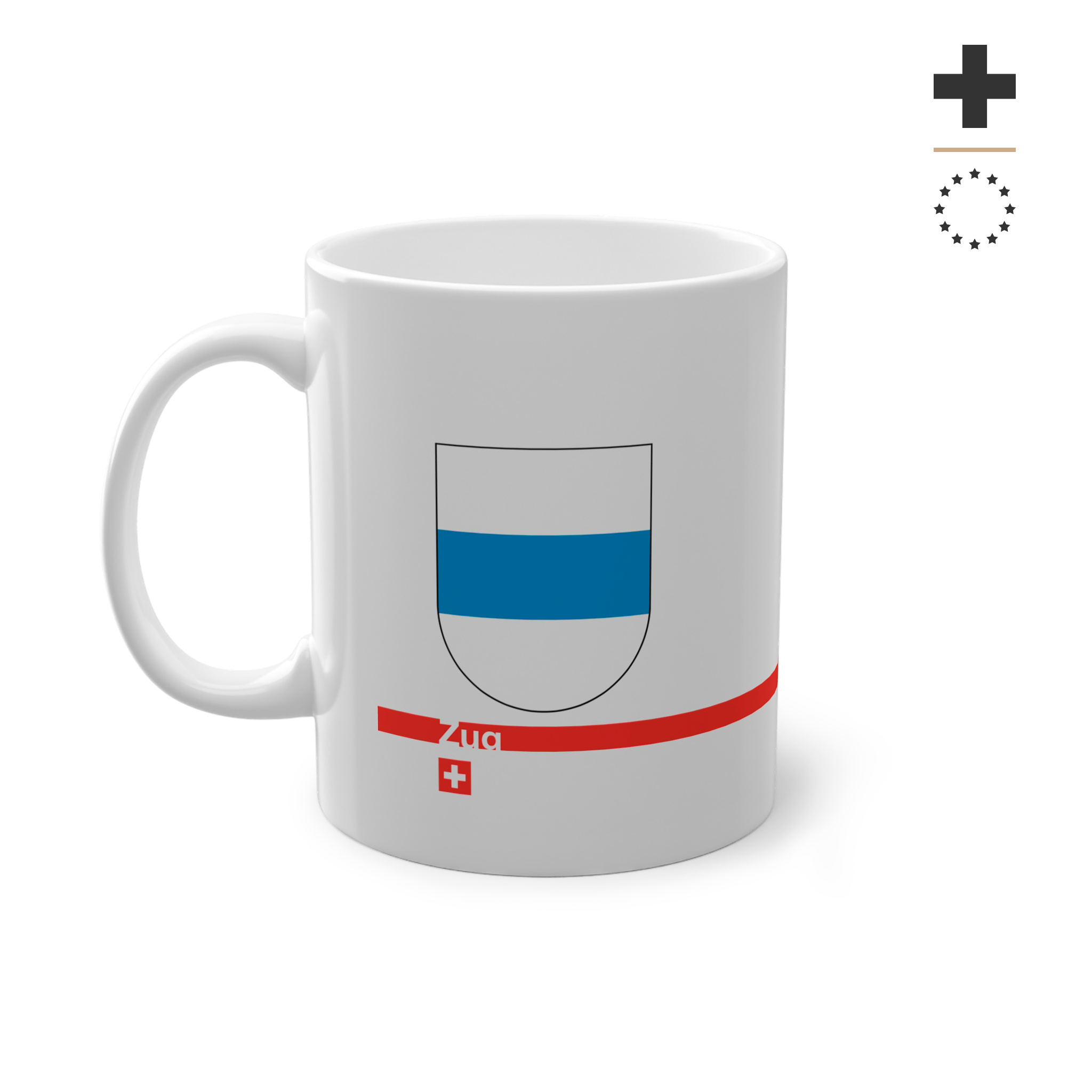 White ceramic mug with the blue and white horizontal coat of arms of the Canton of Zug, Switzerland, featuring a modern red line and a small Swiss cross.