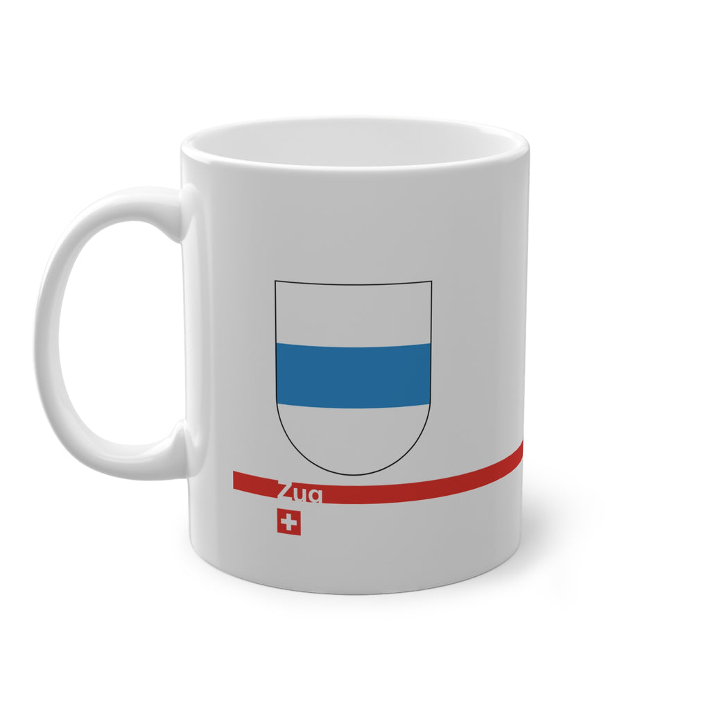 White ceramic mug with the blue and white horizontal coat of arms of the Canton of Zug, Switzerland, featuring a modern red line and a small Swiss cross.