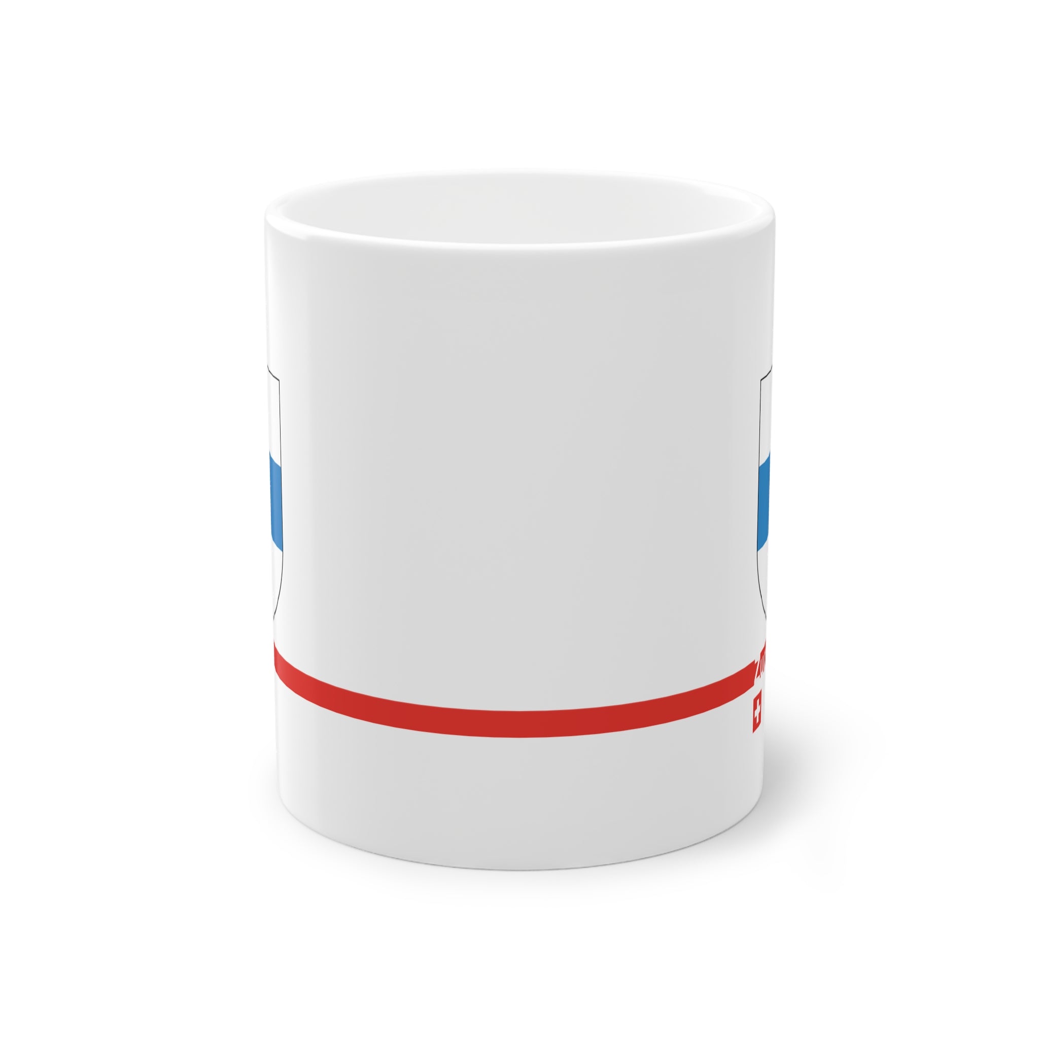 White ceramic mug with the blue and white horizontal coat of arms of the Canton of Zug, Switzerland, featuring a modern red line and a small Swiss cross.