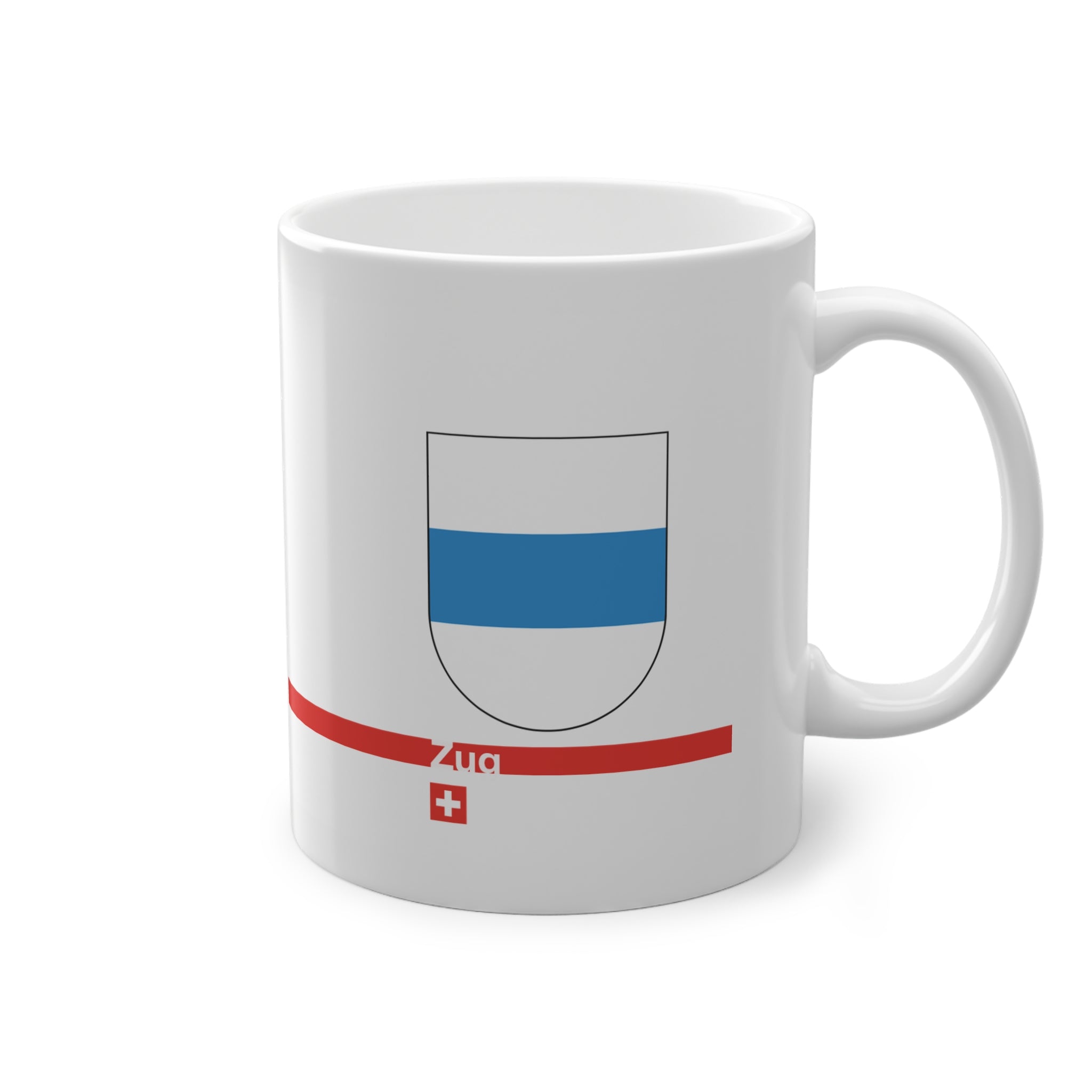 White ceramic mug with the blue and white horizontal coat of arms of the Canton of Zug, Switzerland, featuring a modern red line and a small Swiss cross.