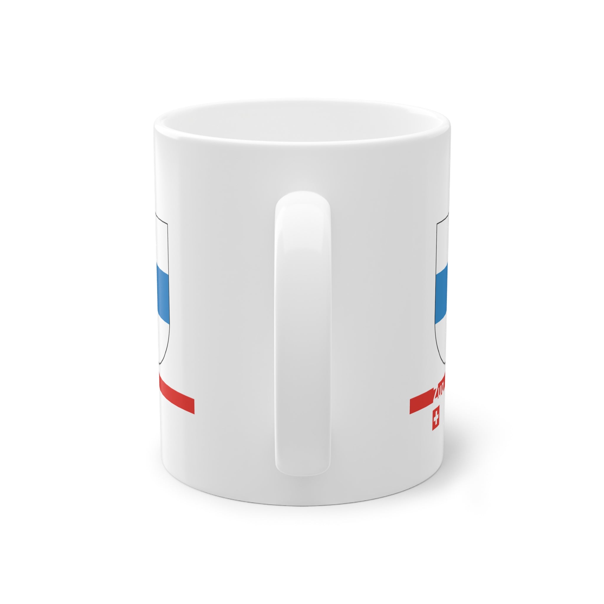 White ceramic mug with the blue and white horizontal coat of arms of the Canton of Zug, Switzerland, featuring a modern red line and a small Swiss cross.