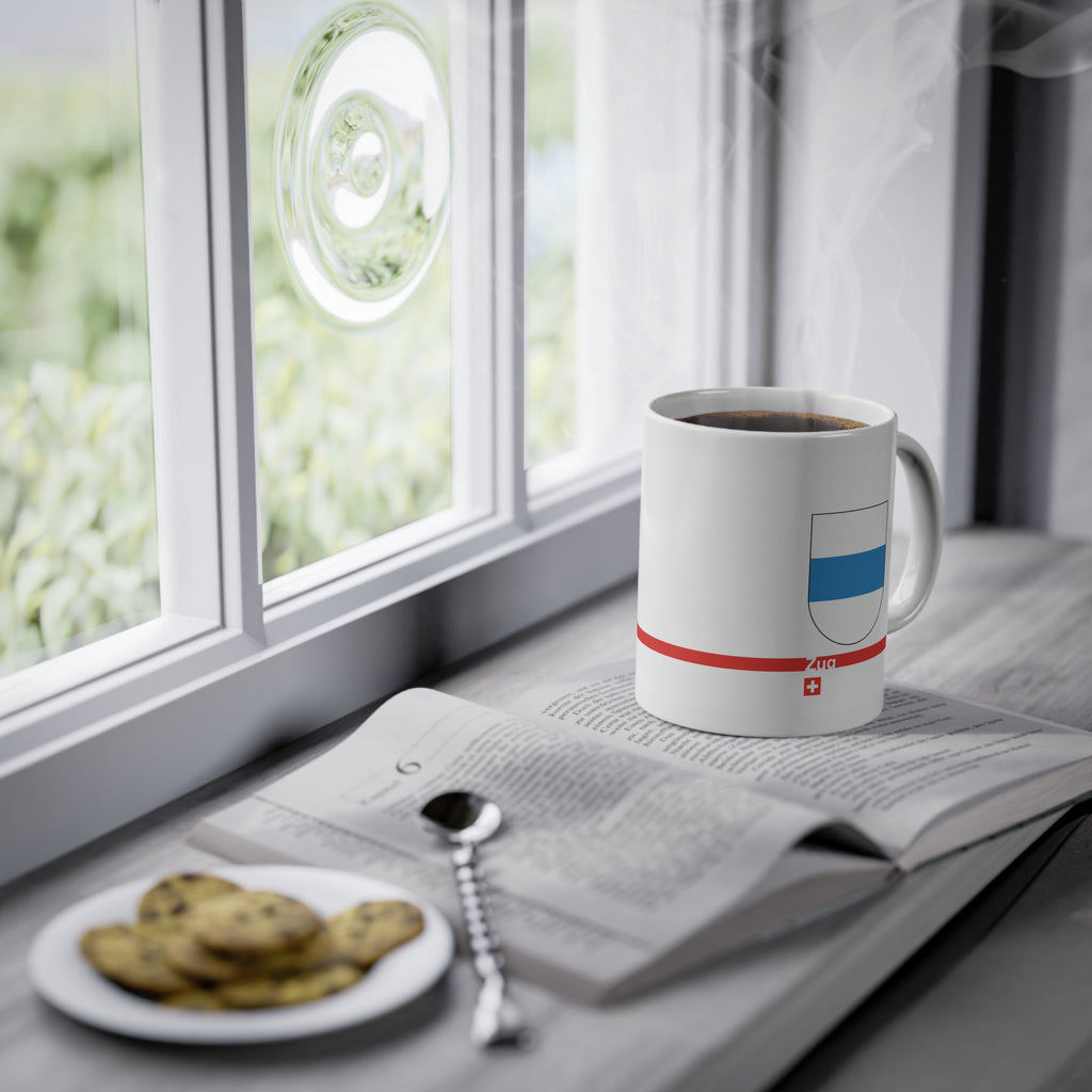 White ceramic mug with the blue and white horizontal coat of arms of the Canton of Zug, Switzerland, featuring a modern red line and a small Swiss cross.