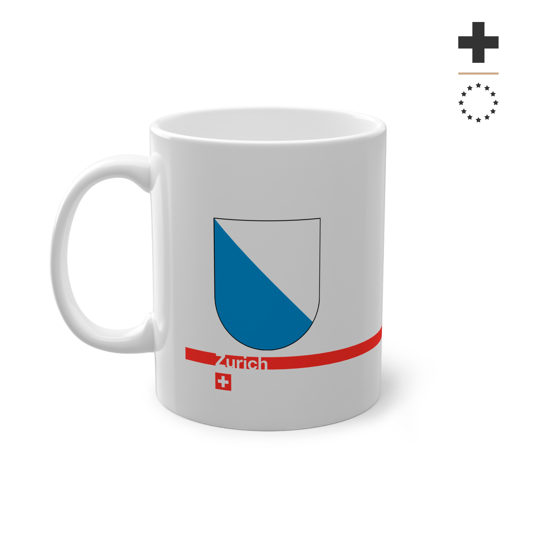 White ceramic coffee mug with the blue and white diagonally divided coat of arms of the Canton of Zurich, Switzerland.