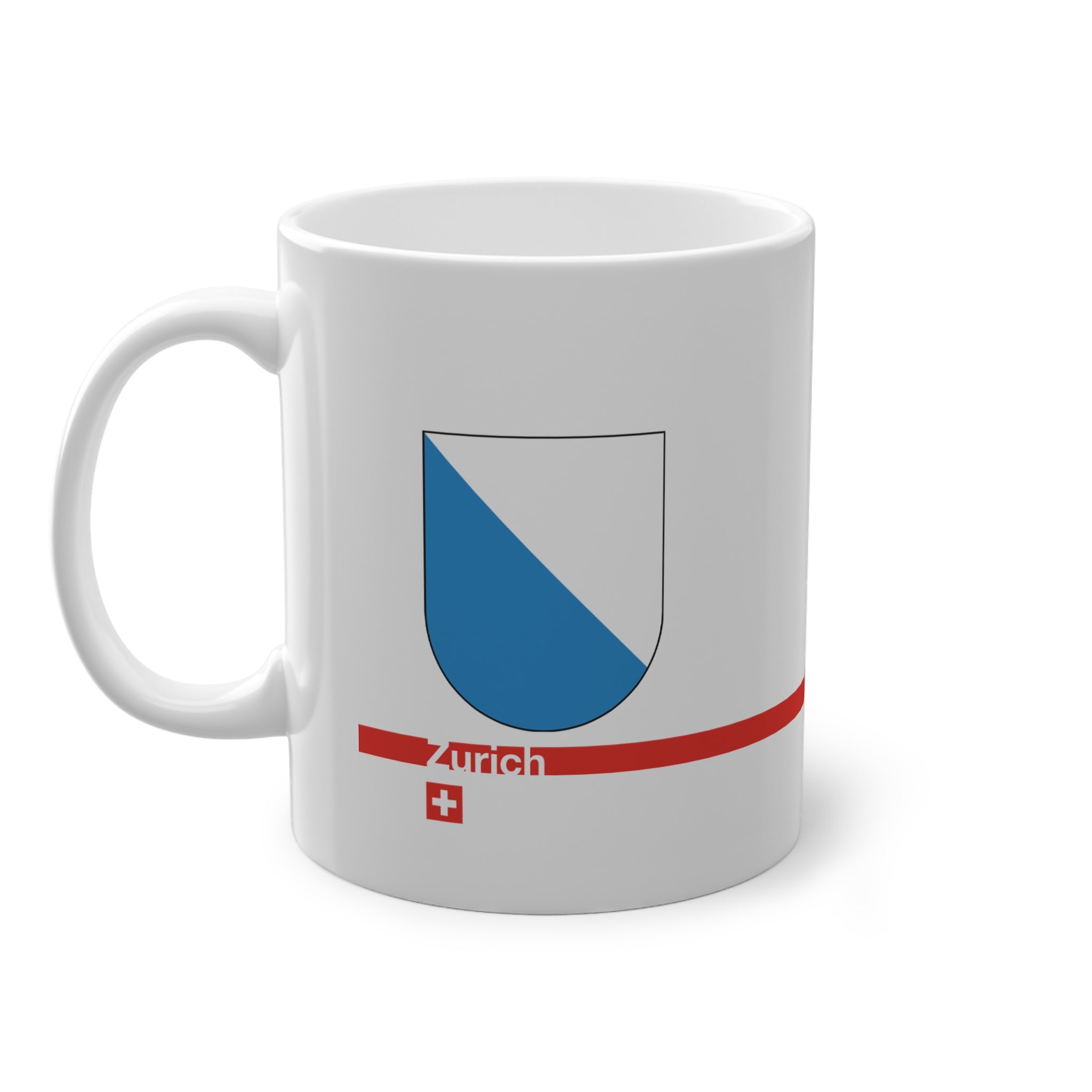 White ceramic coffee mug with the blue and white diagonally divided coat of arms of the Canton of Zurich, Switzerland.