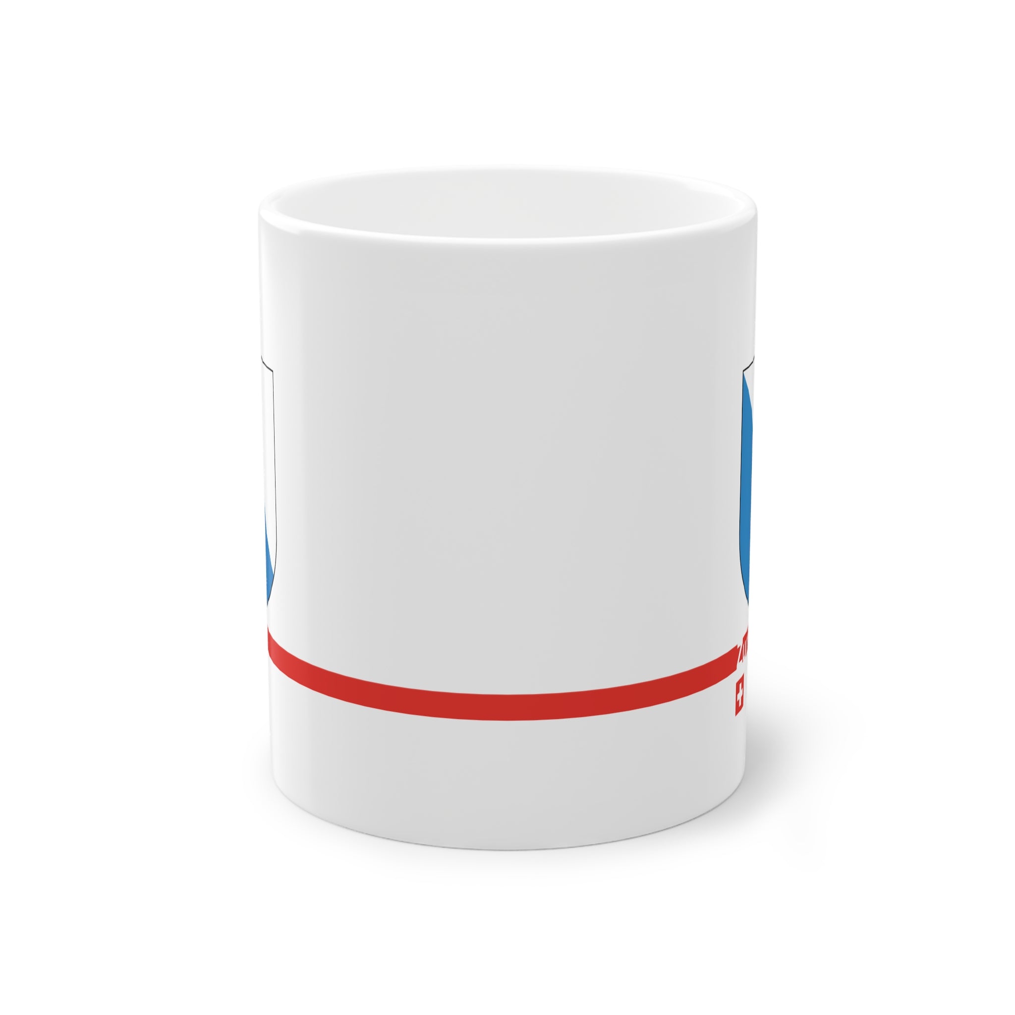 White ceramic coffee mug with the blue and white diagonally divided coat of arms of the Canton of Zurich, Switzerland.