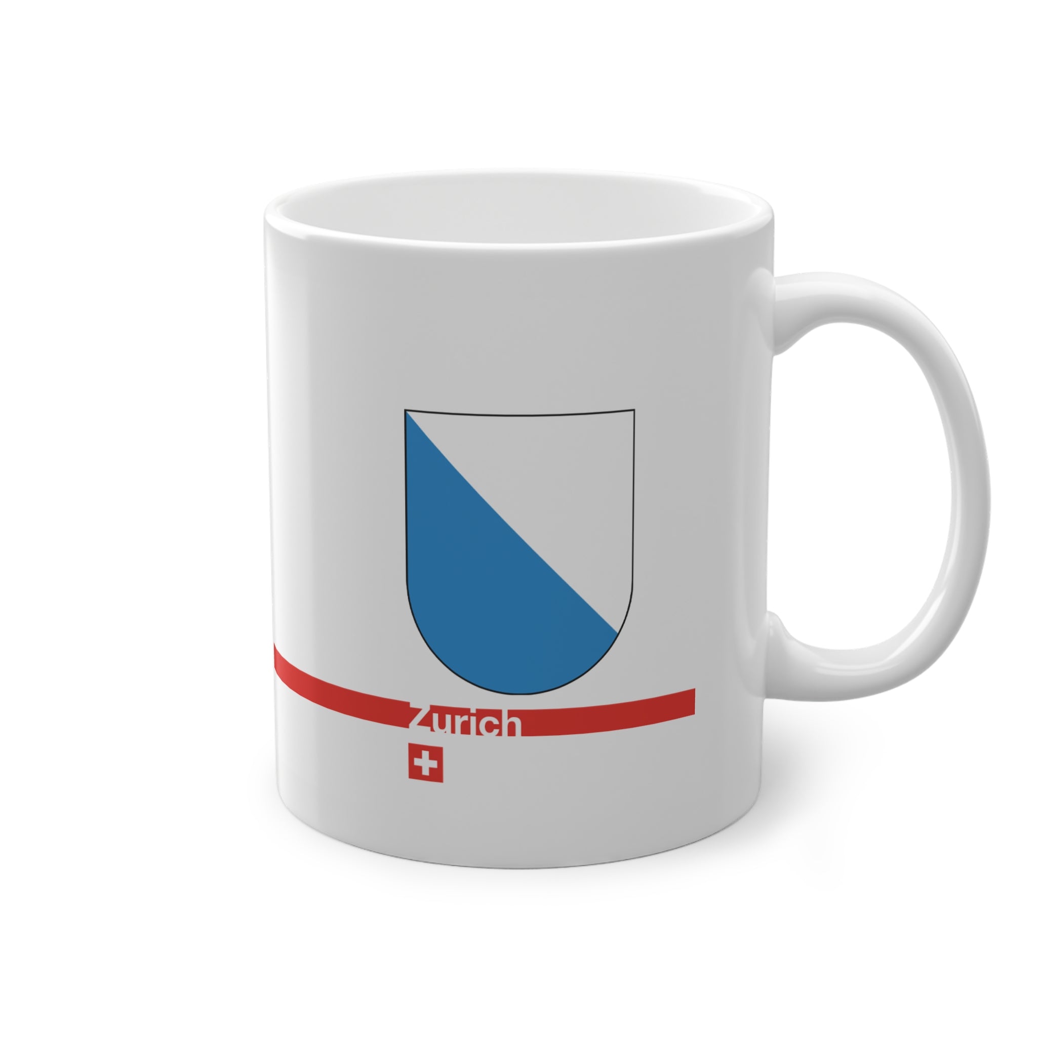 White ceramic coffee mug with the blue and white diagonally divided coat of arms of the Canton of Zurich, Switzerland.