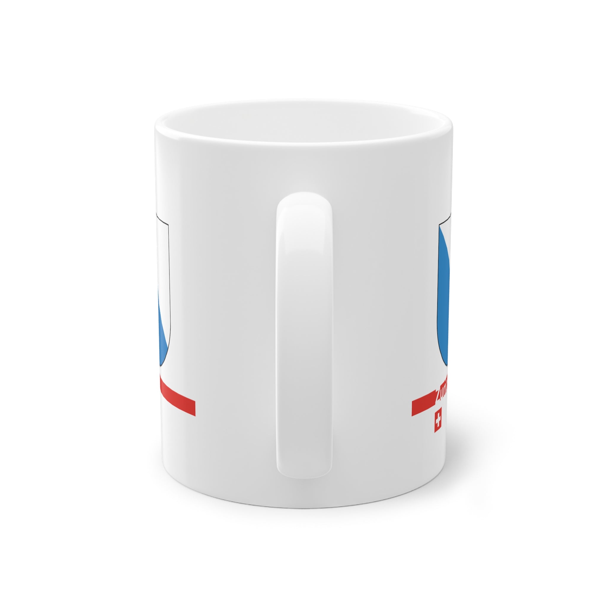White ceramic coffee mug with the blue and white diagonally divided coat of arms of the Canton of Zurich, Switzerland.