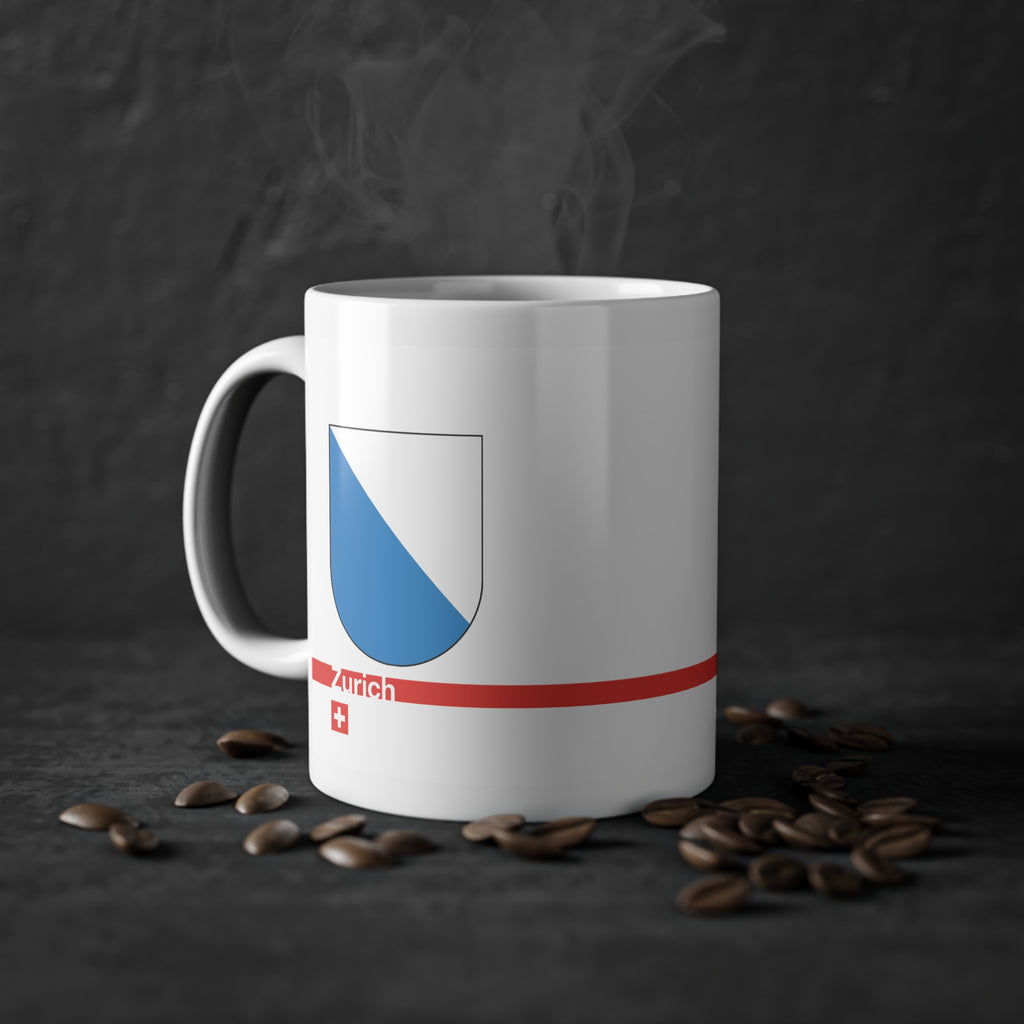 White ceramic coffee mug with the blue and white diagonally divided coat of arms of the Canton of Zurich, Switzerland.